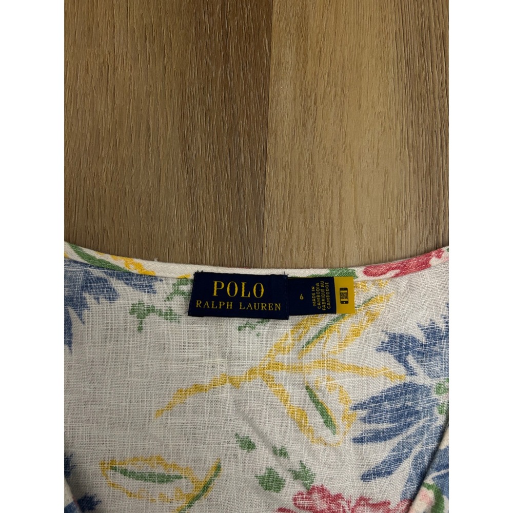 Polo Ralph Lauren Floral Linen Button Front Puff Sleeve Dress White Blue 6 - Picture 5 of 8